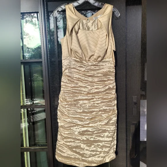 Couture Cocktail dress by Nicole Miller, gold lame, size 12. - Picture 2 of 6